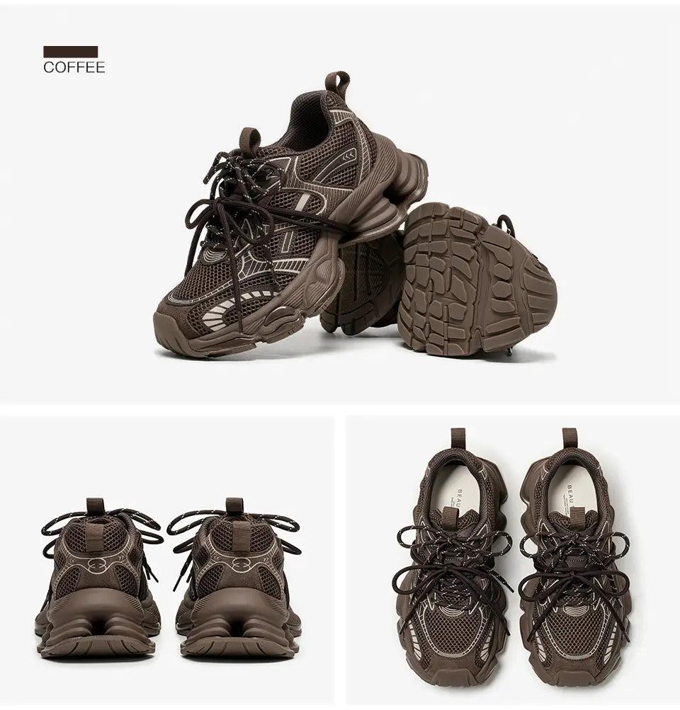 Beautiful Shoe’s BEAUTODAY Chunky Sneakers Women Synthetic Leather Mesh Mixed Color Round Toe Lace-Up Sports Trainer