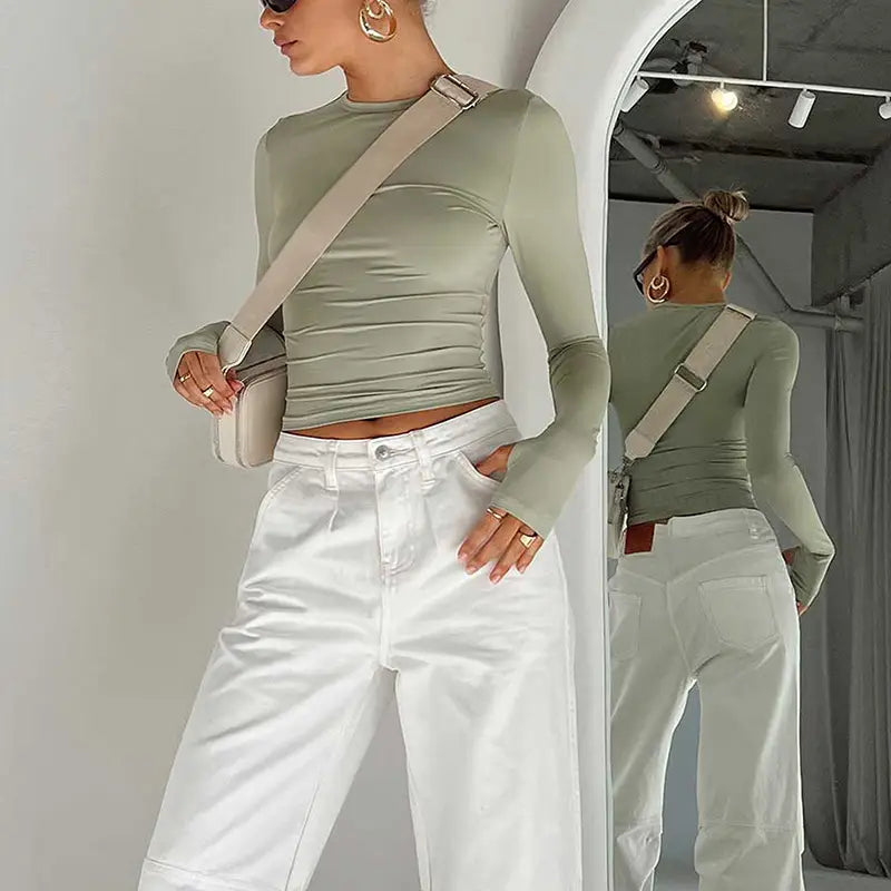 Fashion Women T-shirt Long Sleeve Crew Neck Solid Slim Fit Ladies Crop Top with Thumb Holes for Daily Streetwear Summer