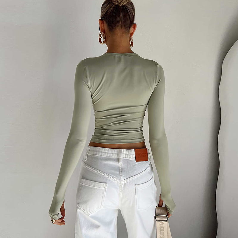 Fashion Women T-shirt Long Sleeve Crew Neck Solid Slim Fit Ladies Crop Top with Thumb Holes for Daily Streetwear Summer