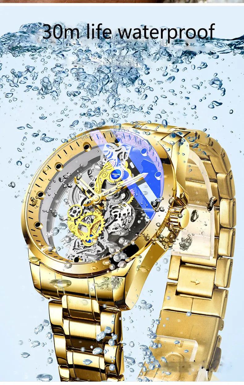 Montre New Fashion Double Hollow Watch Men Luxury Gold Watches Imitation Mechanical Tourbillon Quartz Wristwatches Men