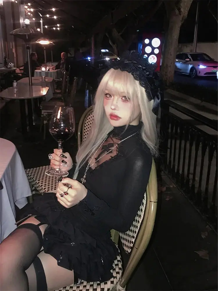Turtleneck Top Y2k Clothes Black Gothic Cross Hollow Slimming Bottom T Shirt for Women Long Sleeve Sexy T-shirt Girls