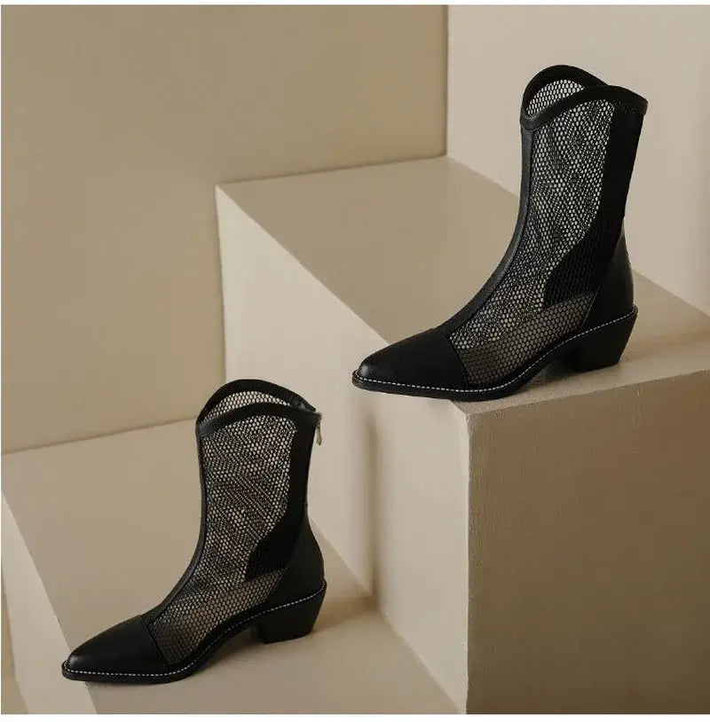 Beautiful Shoe’s New Fashion Mesh Sandals Boots Women Mid Heels Shoes Sexy Hollow Out Summer Botas Pointed Toe Heeled
