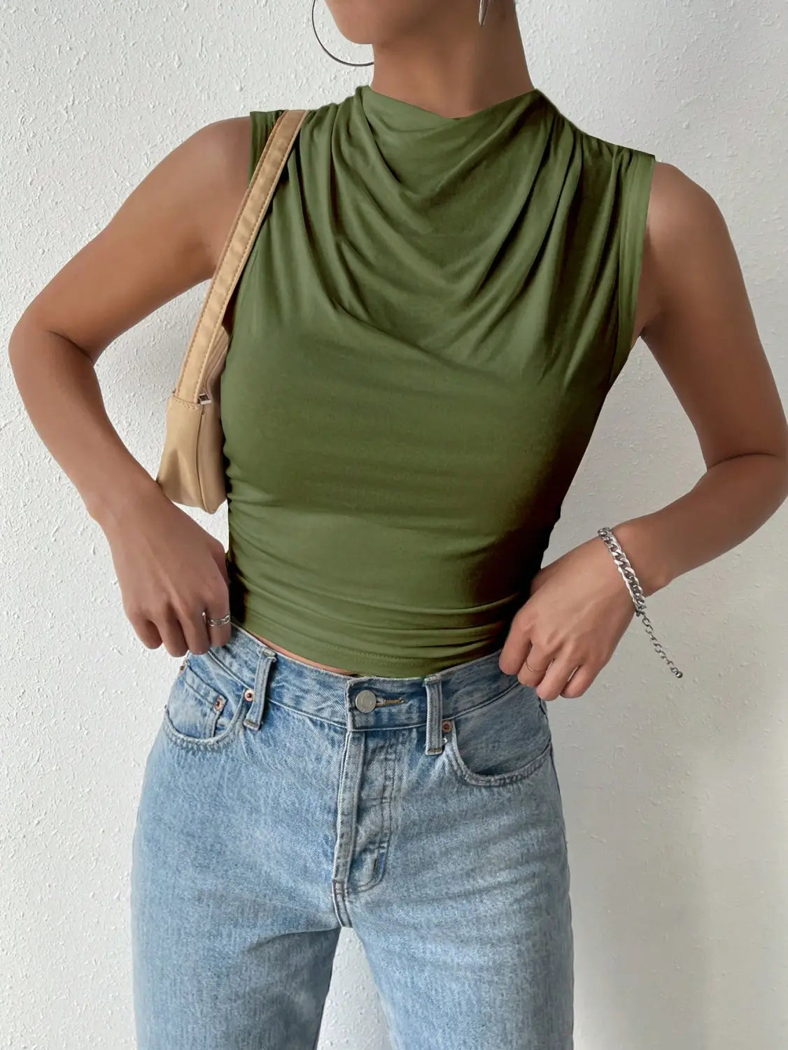 Women’s Casual Pleated Design Top Summer Fashion Street Style Solid Color Slim Half High Neck Sleeveless T-Shirt Top