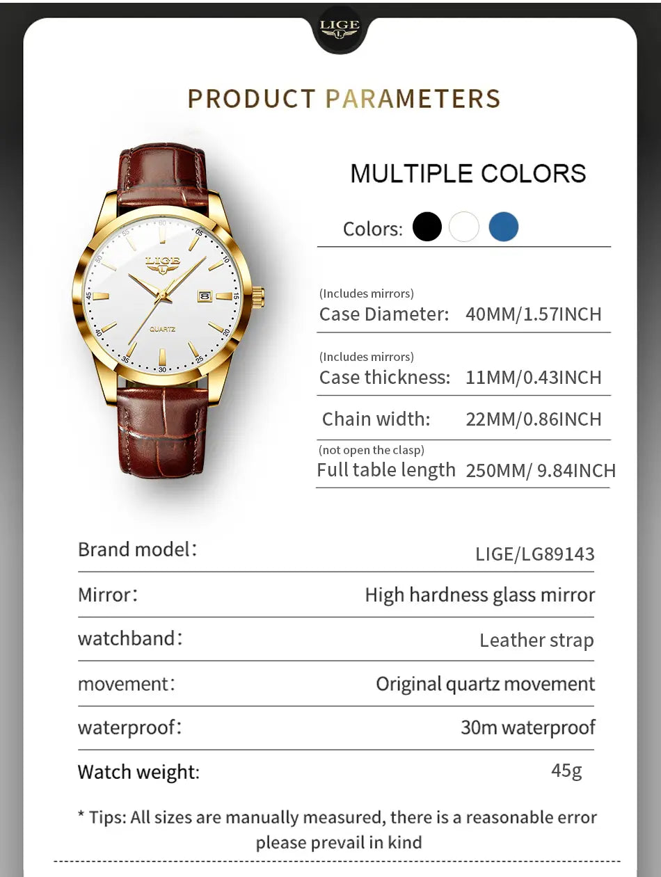 Montre LIGE Women Waterproof Leather Chronograph Watch