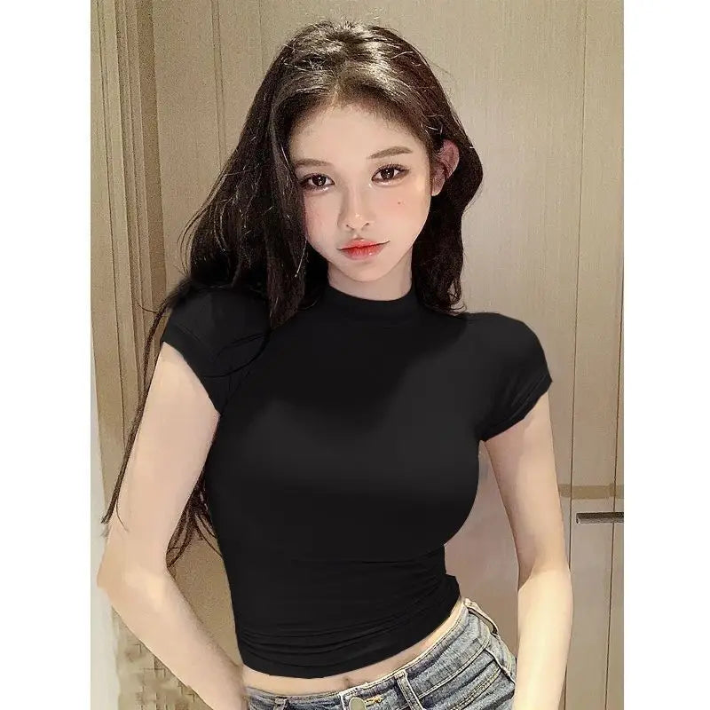 Women’s Slim Fit Turtleneck Ribbed Knit Crop Top Casual Basic Tight Knit Sexy Fitted Cropped T-Shirt