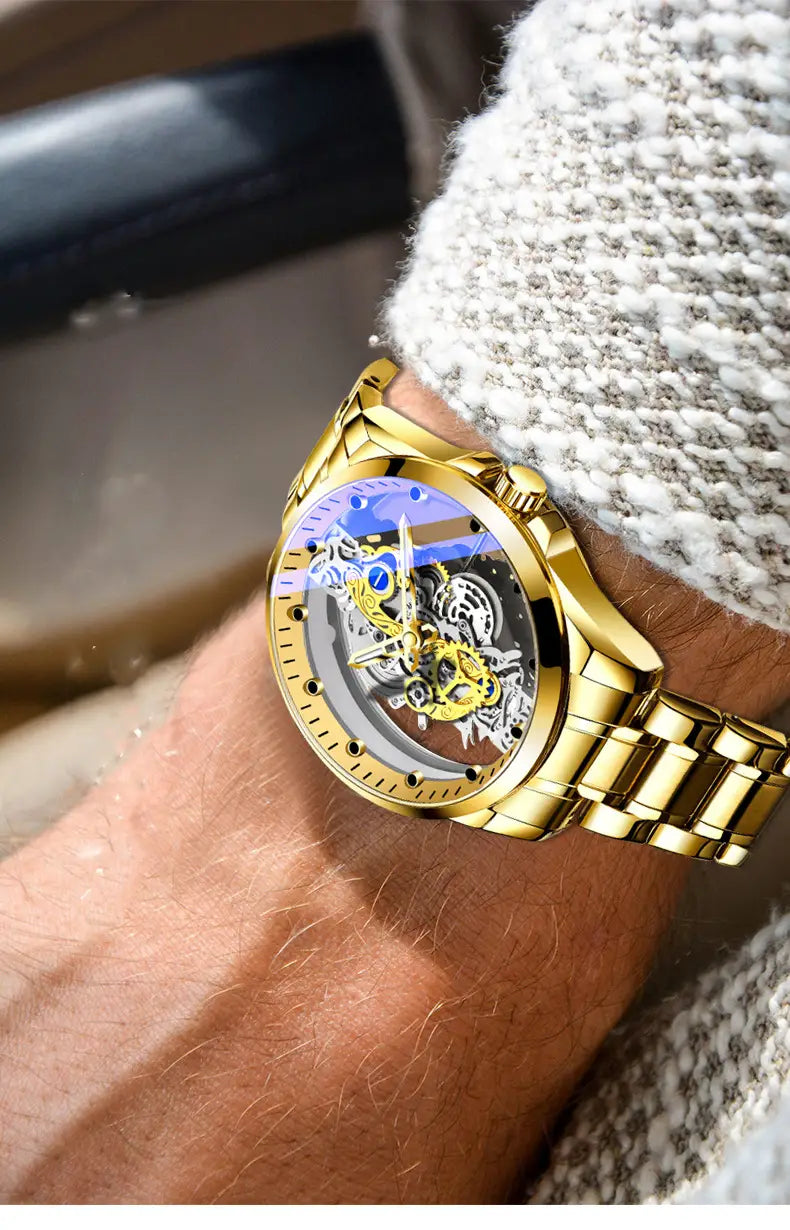 Montre New Fashion Double Hollow Watch Men Luxury Gold Watches Imitation Mechanical Tourbillon Quartz Wristwatches Men