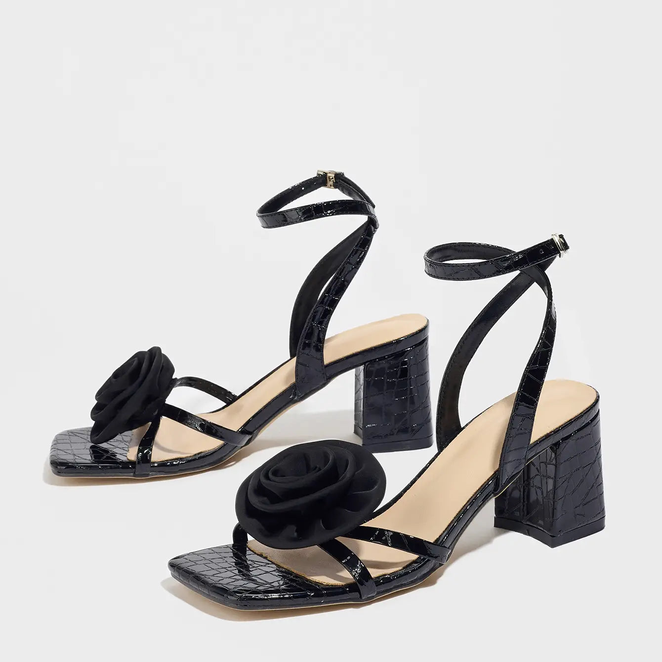 Beautiful Shoe’s Women’s Square Head Stone Pattern Three-dimensional Flower Thick Heel Sandals Women’s Shoes Solid