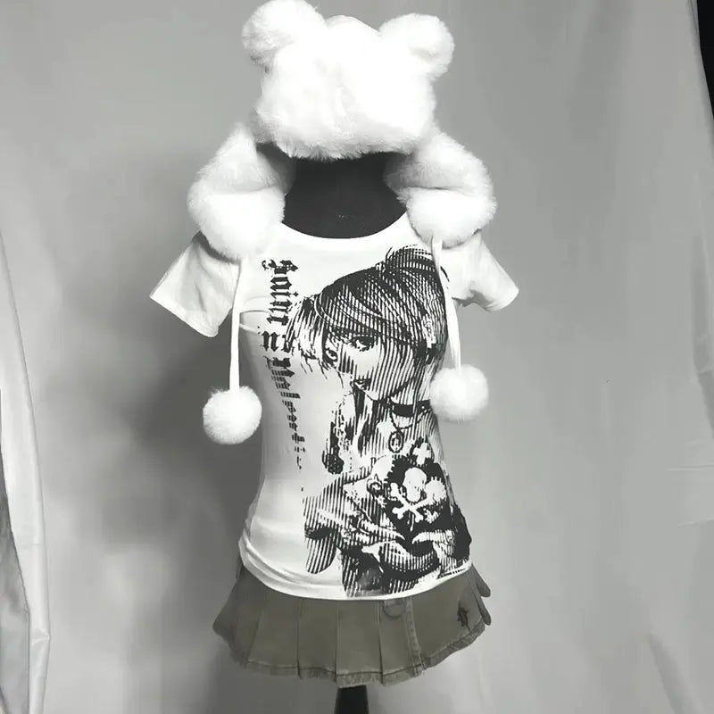 Y2k anime Streetwear O-neck 90s Text Printing Tops Women Harajuku Clothes Simple Vintage Crop Tee Aesthetic emo Casual