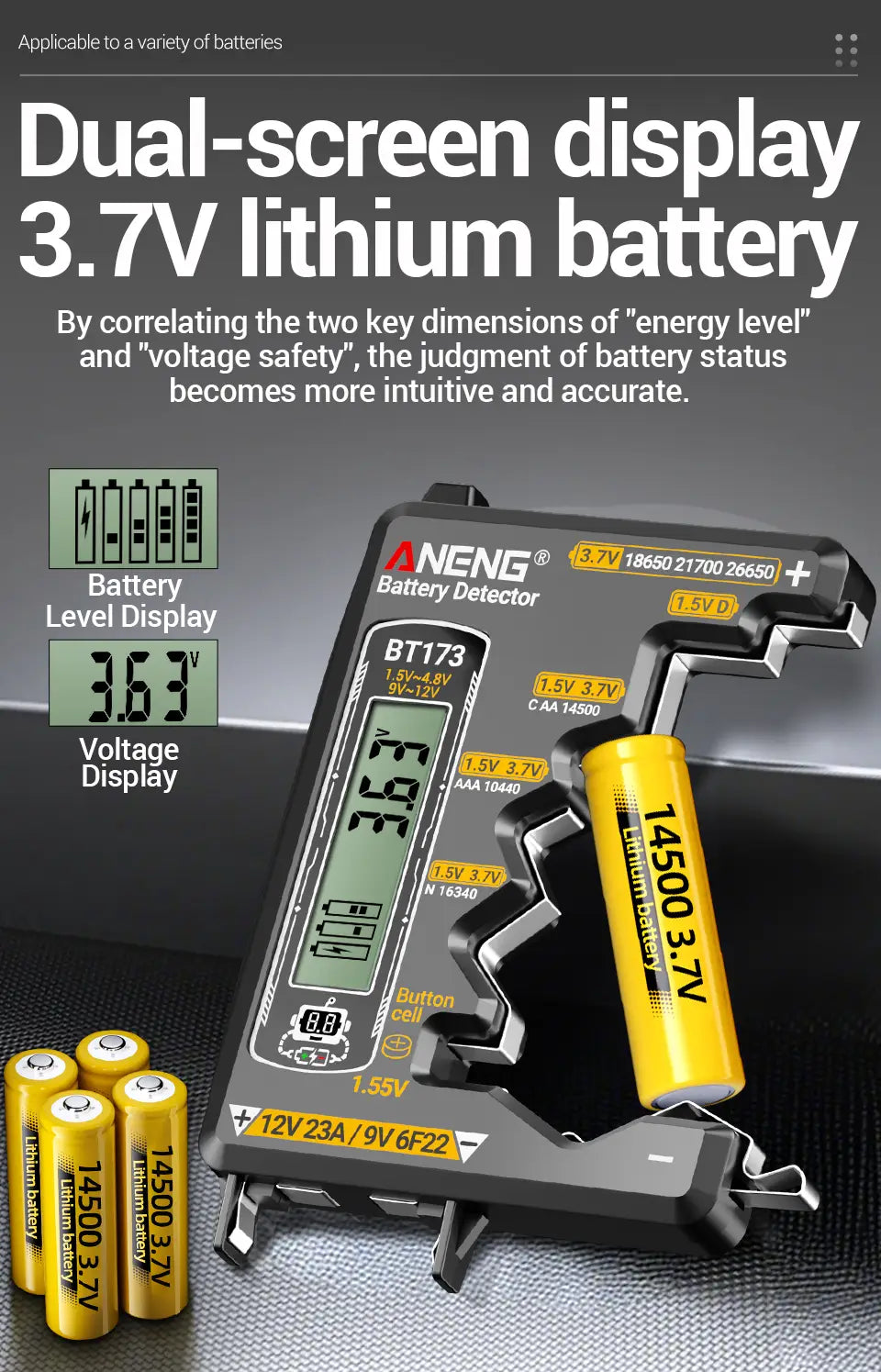 ANENG BT173 Battery Voltage Digital Display Tester Portable Universal High Precision 12V 23A/9V 6F22 Button Cell