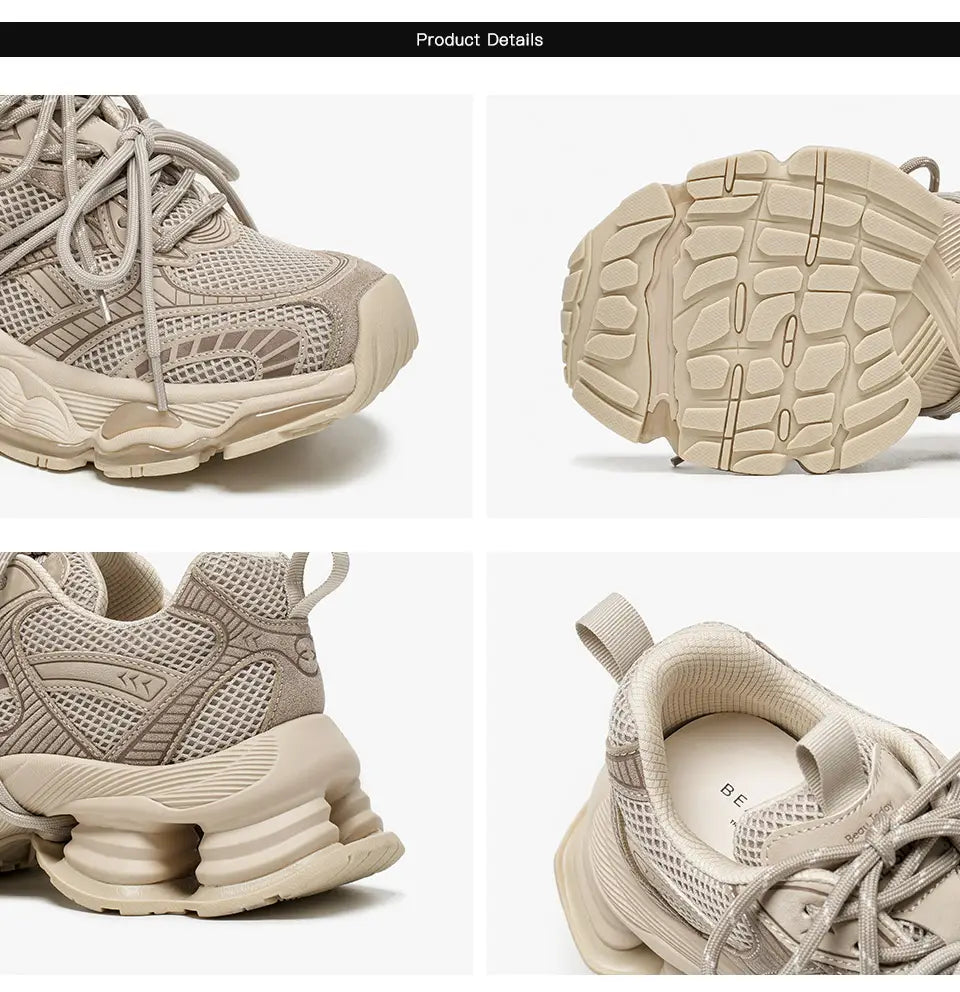 Beautiful Shoe’s BEAUTODAY Chunky Sneakers Women Synthetic Leather Mesh Mixed Color Round Toe Lace-Up Sports Trainer