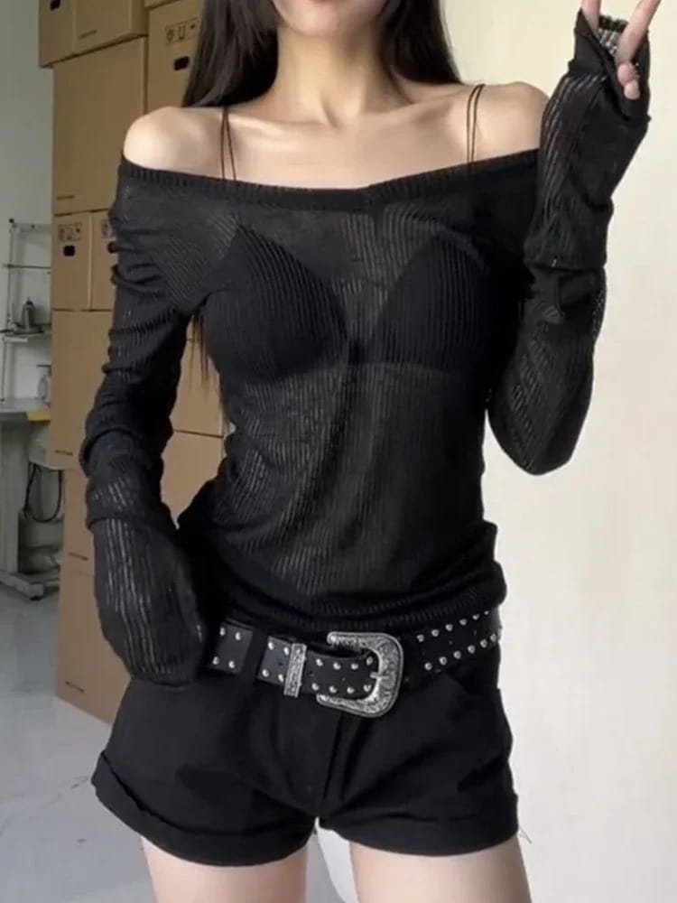 Women Long Sleeve T Shirt Thin Perspective Summer Solid Slim Casual Shirts Female Pullovers Basic Tee Y2k Clothes
