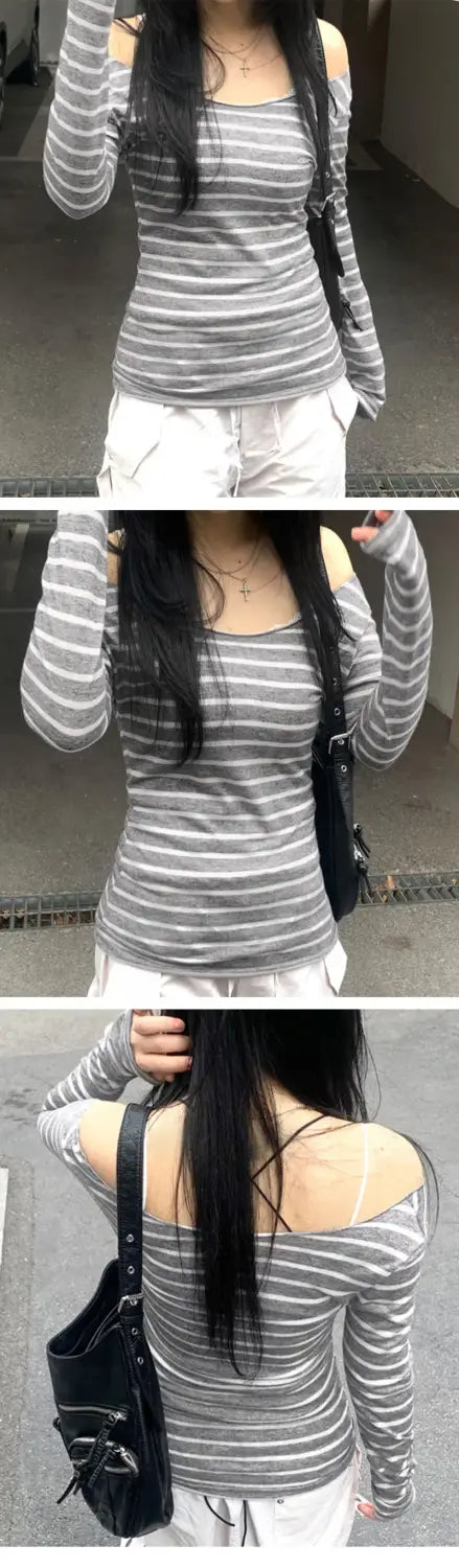 Spring Fall Women’s New Japanese Basic Models Slim Long-Sleeved Striped t-Shirt Strapless Korean Street Style y2k Thin